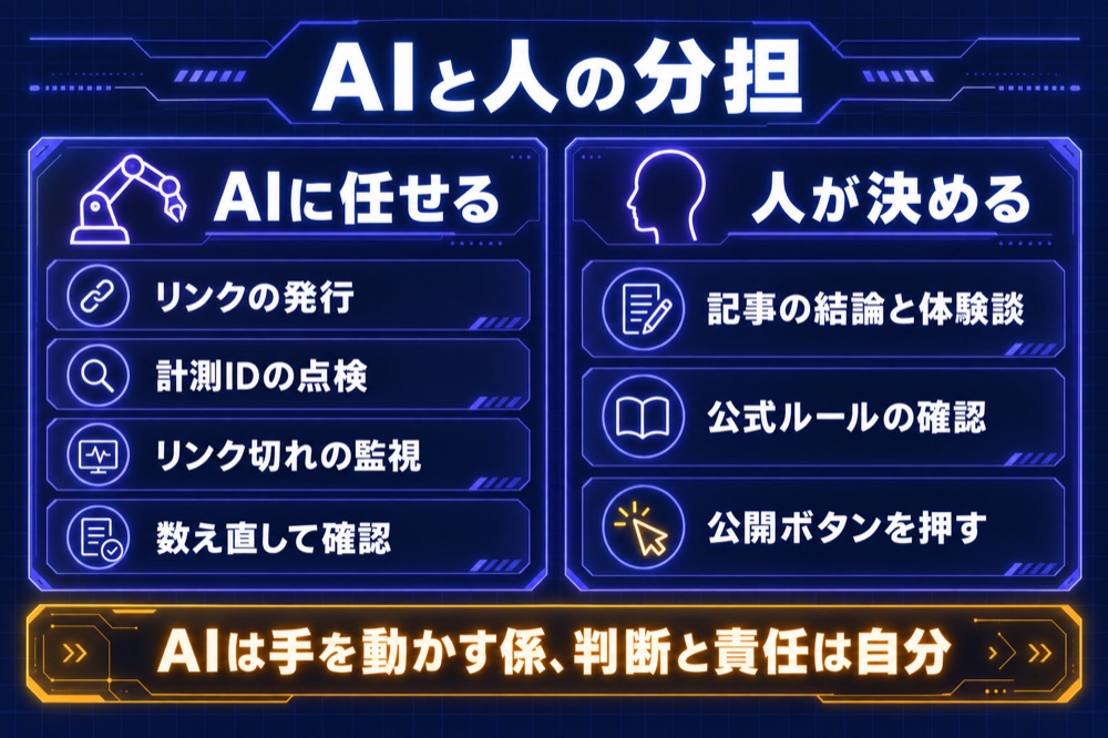 AIと人の分担：AIに任せる＝リンクの発行・計測IDの点検・リンク切れの監視・数え直し／人が決める＝記事の結論と体験談・公式ルールの確認・公開ボタン