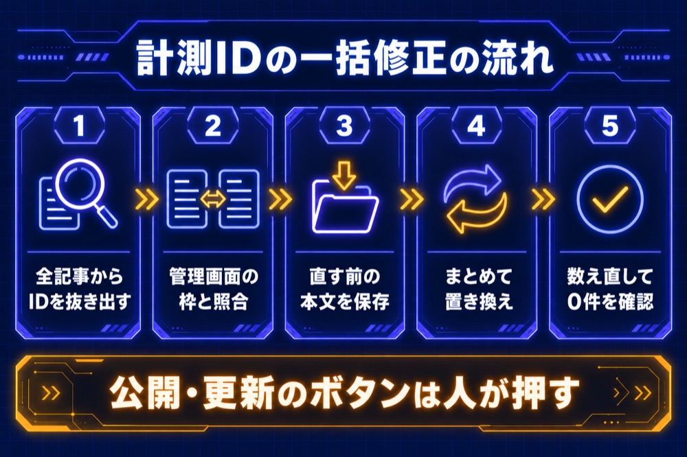 計測IDの一括修正の流れ：全記事からIDを抜き出す→管理画面の枠と照合→直す前の本文を保存→まとめて置き換え→数え直して0件を確認