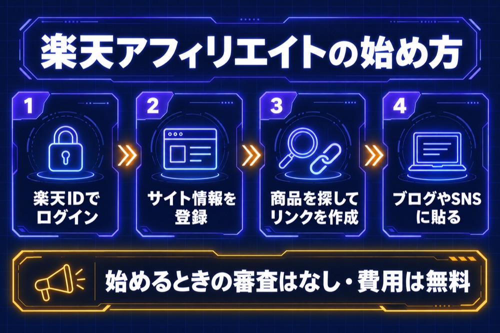 楽天アフィリエイトの始め方：楽天IDでログイン→サイト情報を登録→商品を探してリンクを作成→ブログやSNSに貼る。始めるときの審査はなし・費用は無料